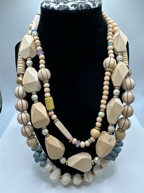 PLUNDER Wood Bead Multi-Strand Necklace - Natural Beige Boho Earthy Accessory